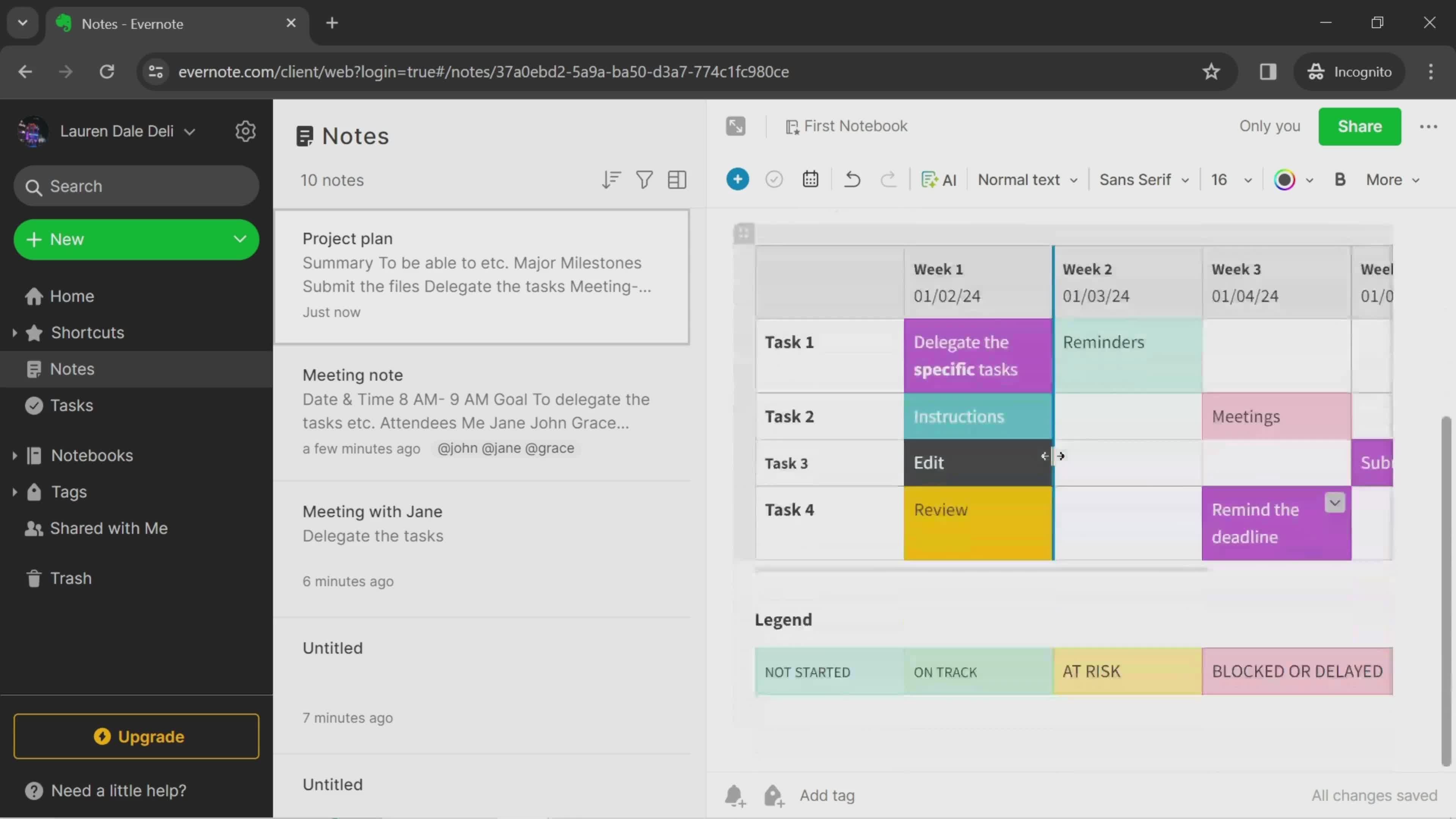 Project plan note screenshot