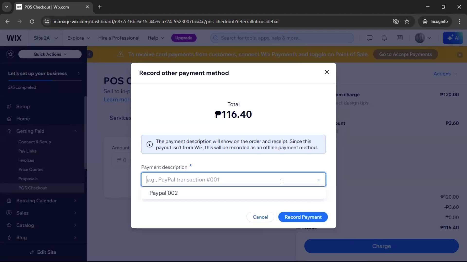Recording a payment screenshot