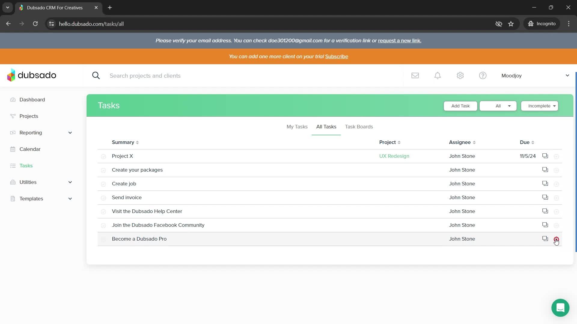Deleting tasks screenshot