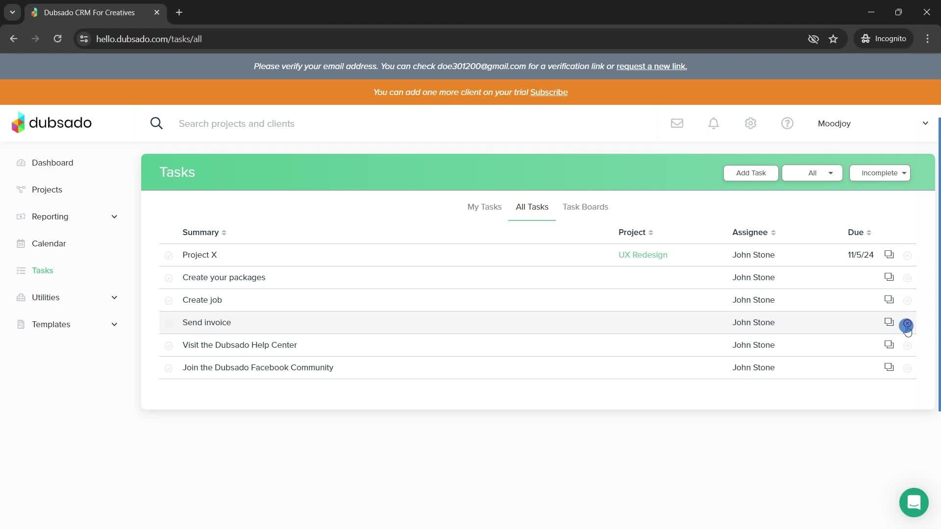 Deleting tasks screenshot