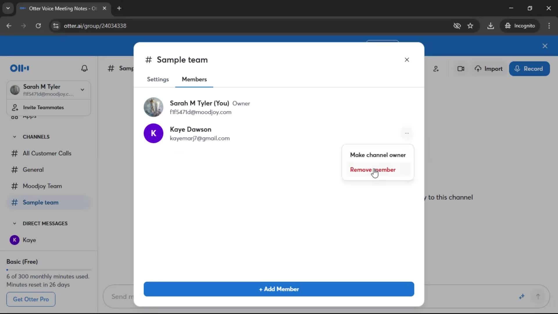 Removing a member screenshot