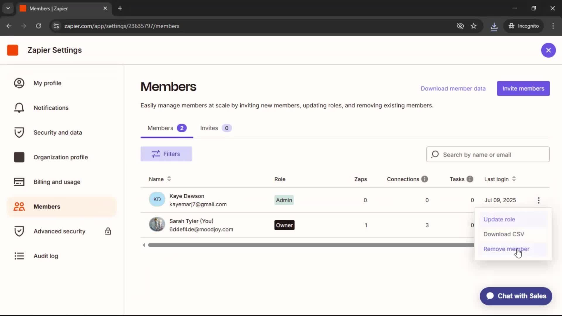 Removing a member screenshot