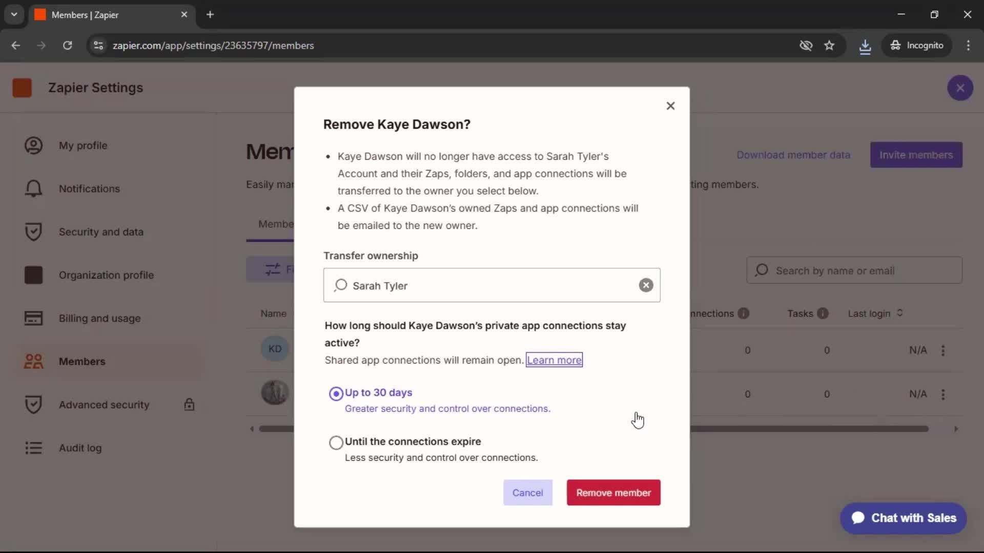 Removing a member screenshot