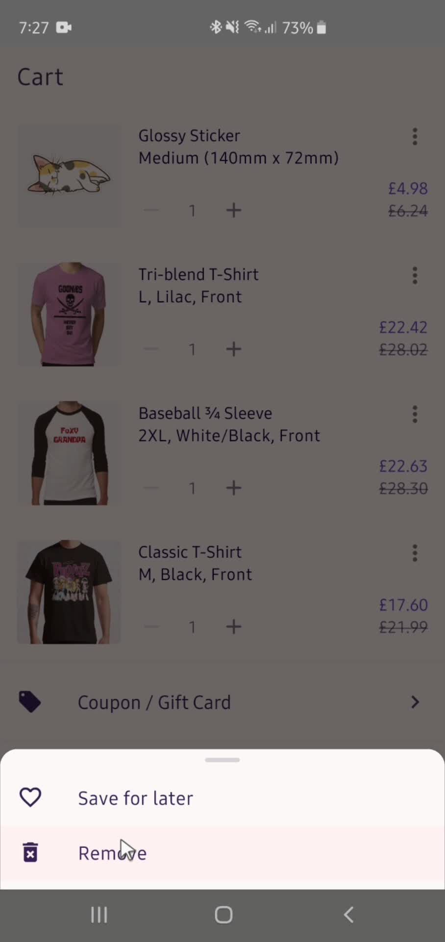 Removing items from cart screenshot
