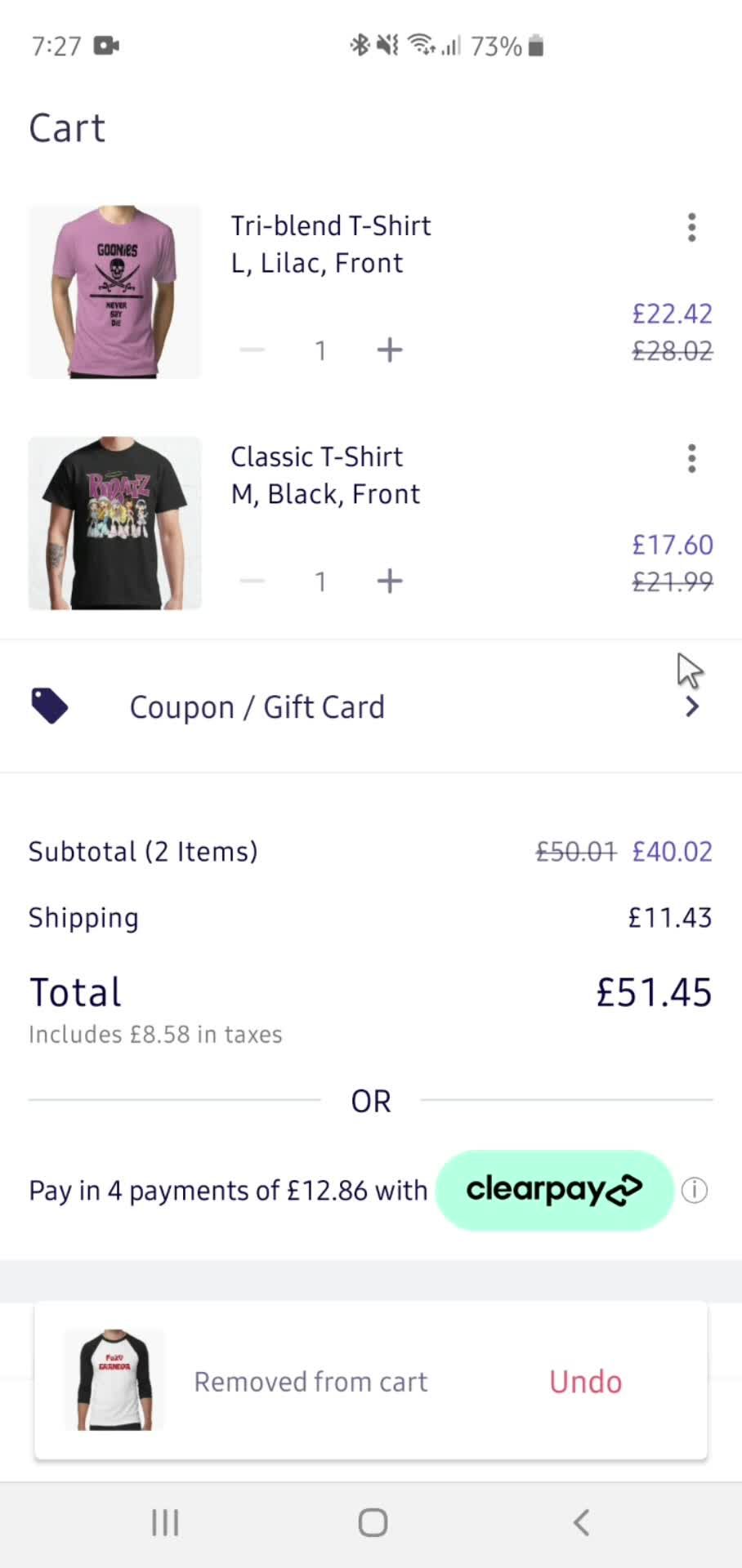 Removing items from cart screenshot