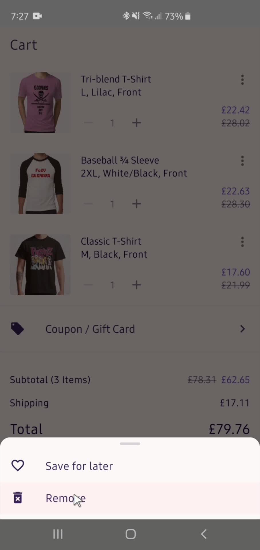 Removing items from cart screenshot