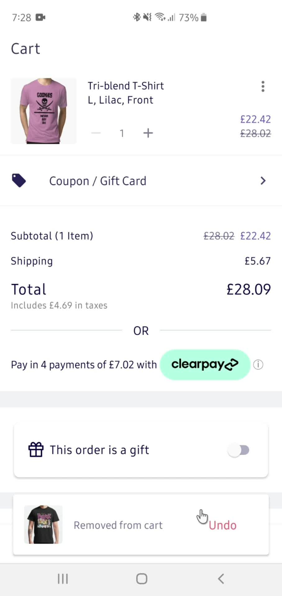 Removing items from cart screenshot