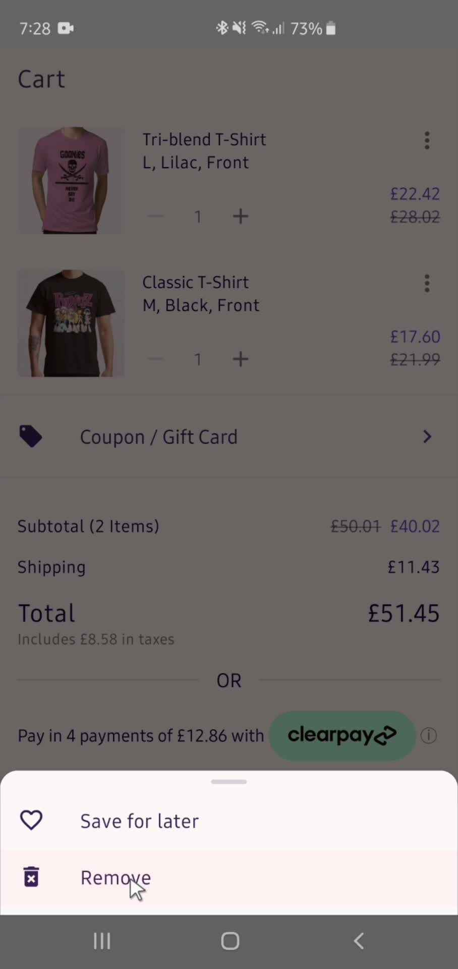 Removing items from cart screenshot