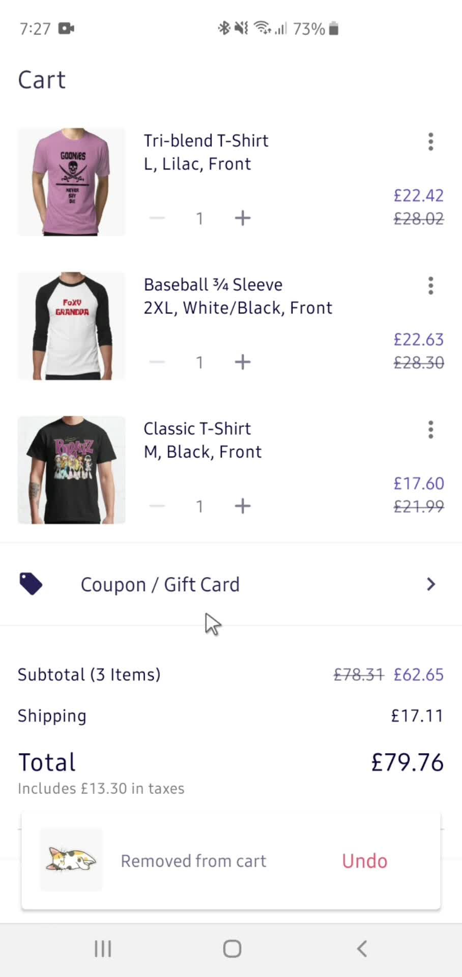 Removing items from cart screenshot