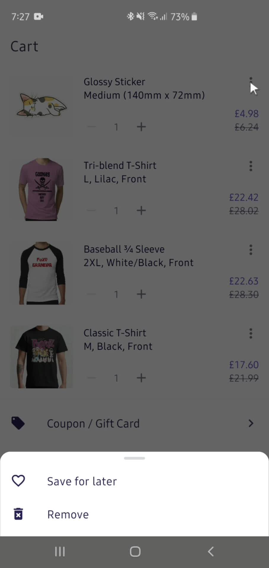 Removing items from cart screenshot