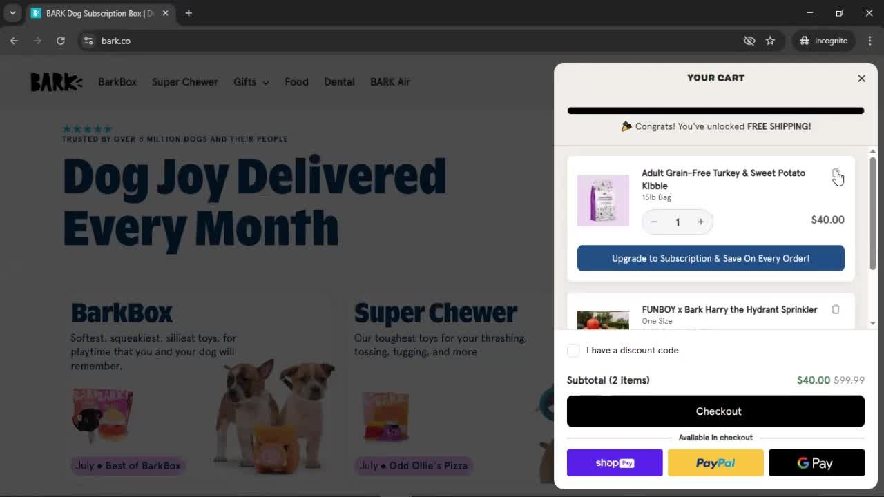 Removing items from cart screenshot