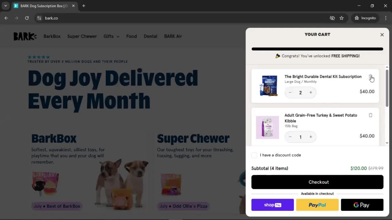 Removing items from cart screenshot