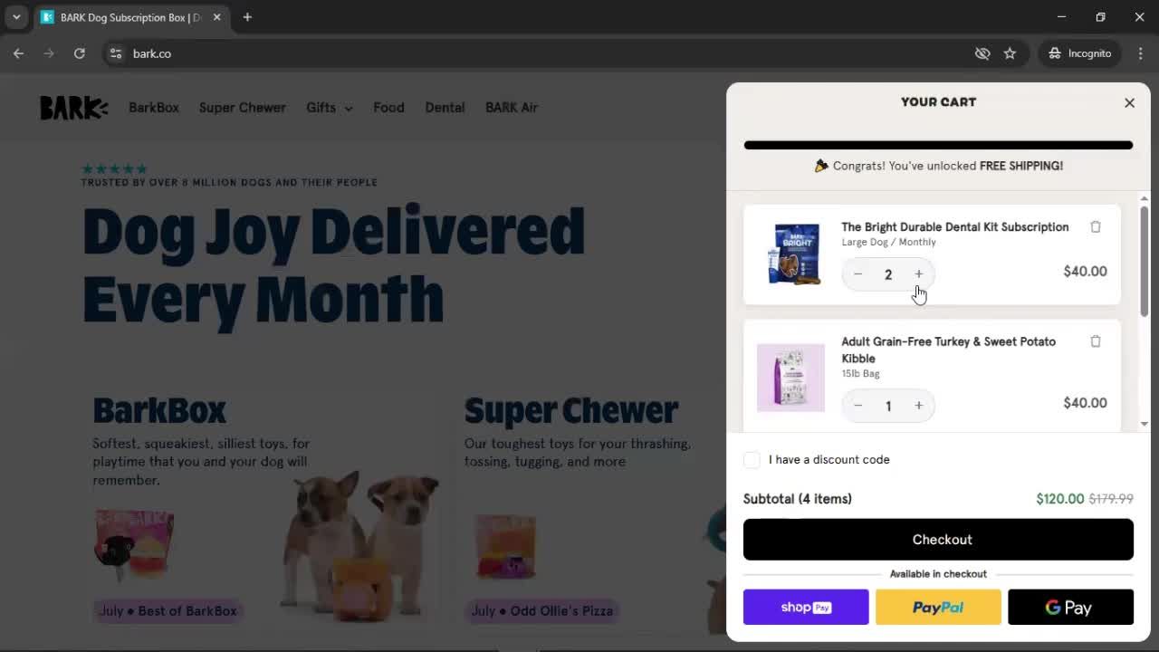 Removing items from cart screenshot