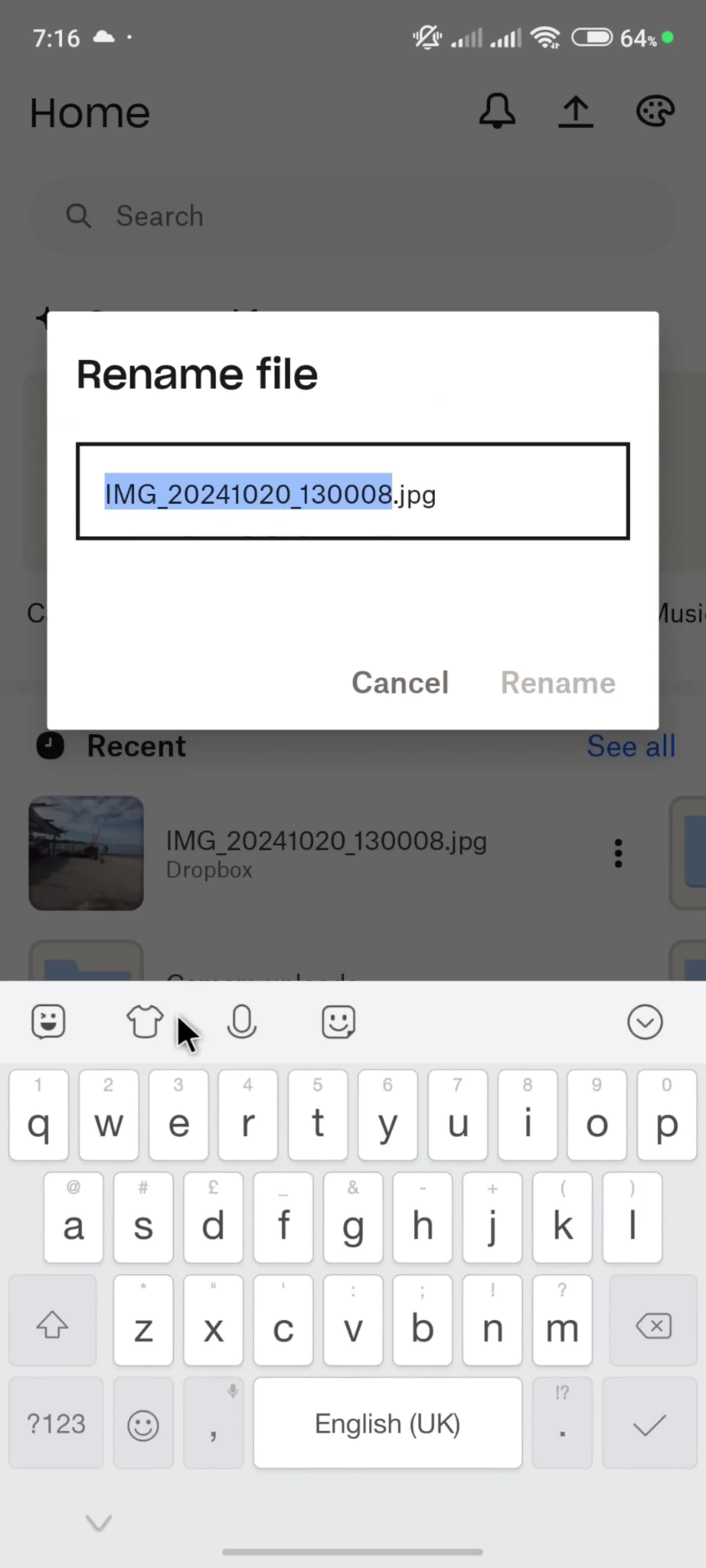 Renaming a file screenshot