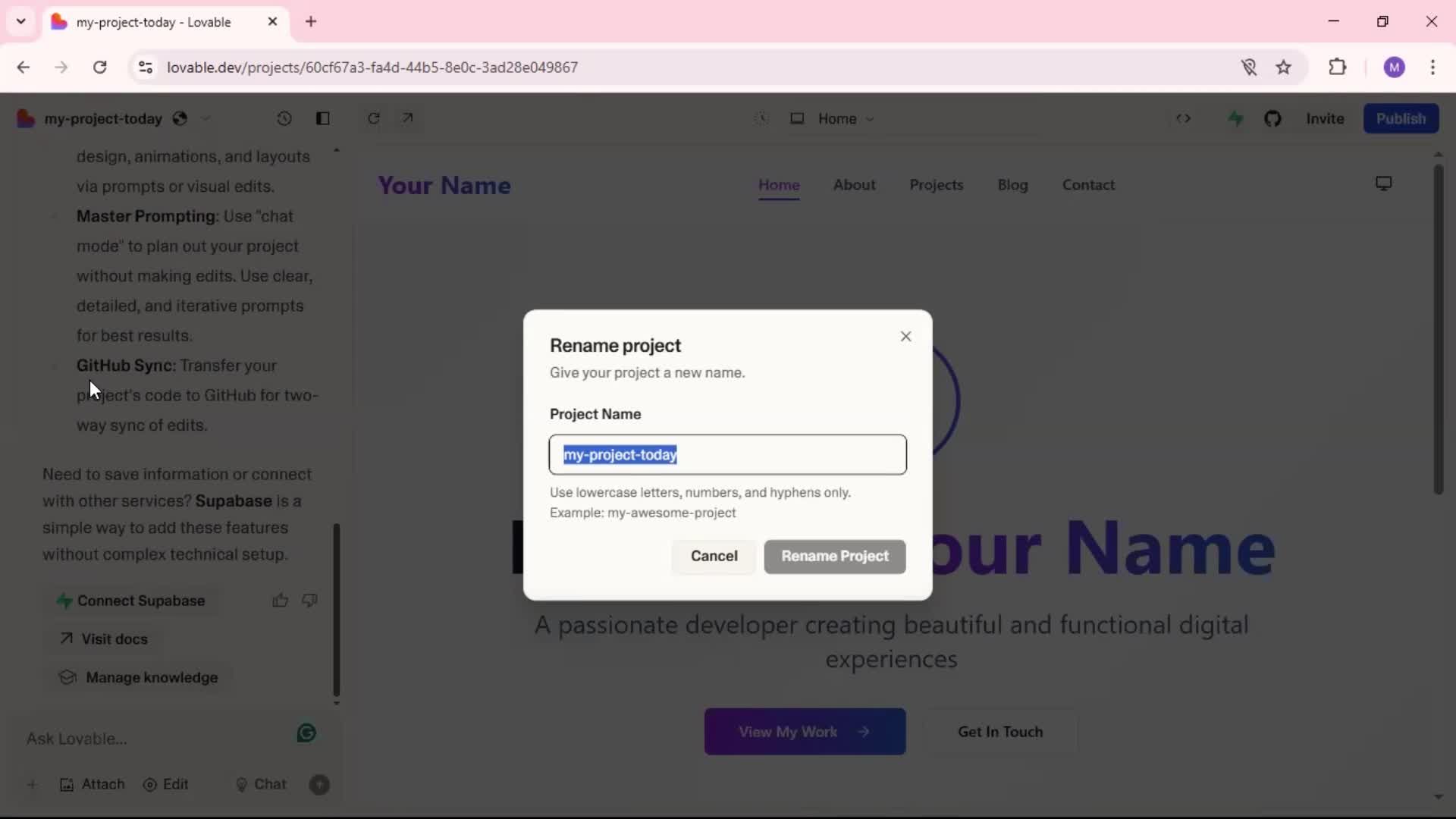 Renaming a project screenshot