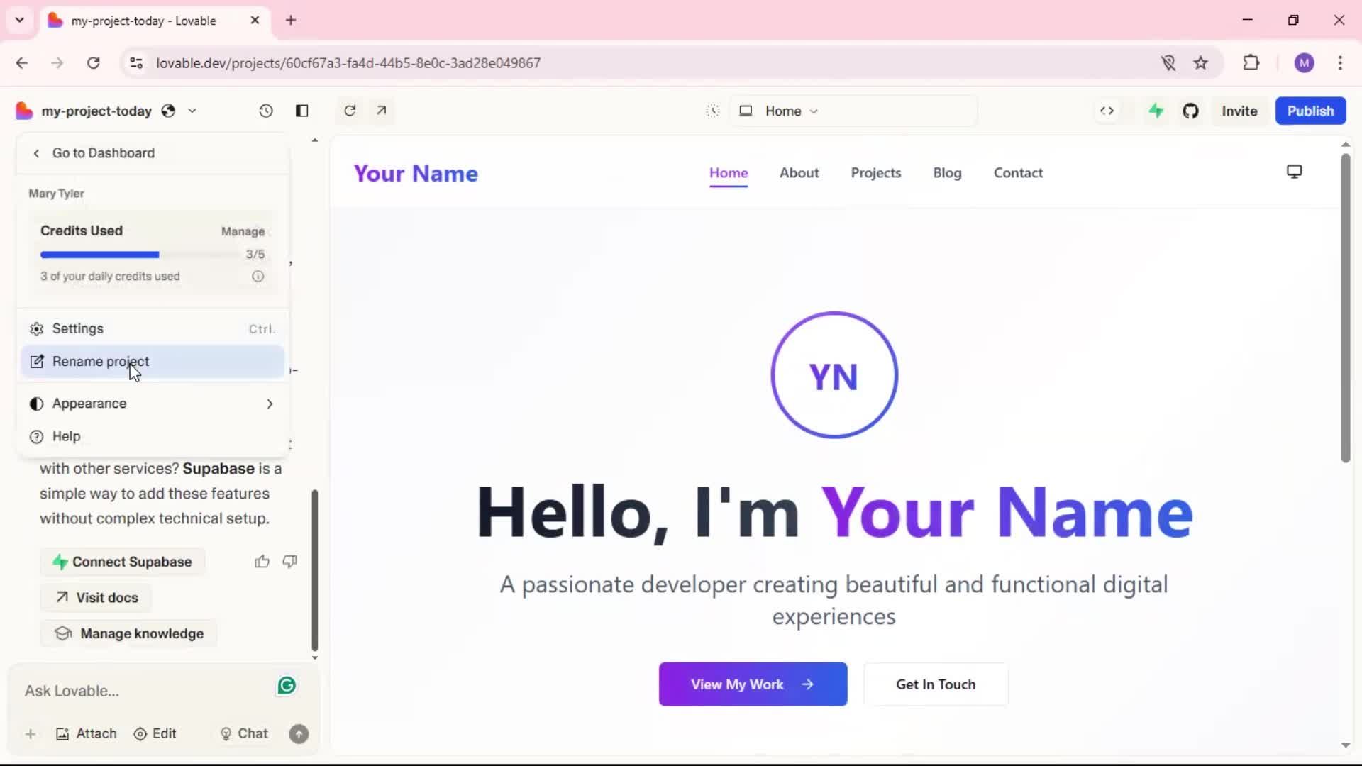 Renaming a project screenshot