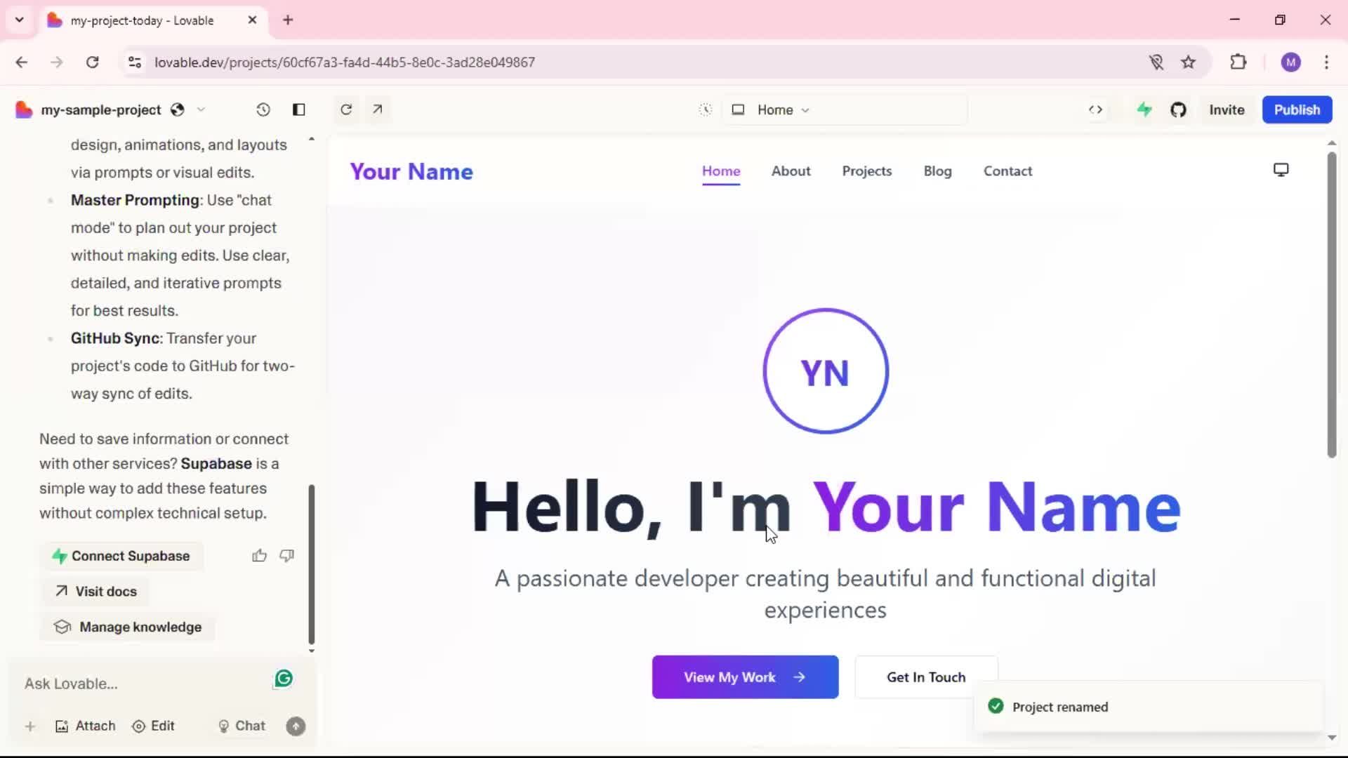 Renaming a project screenshot