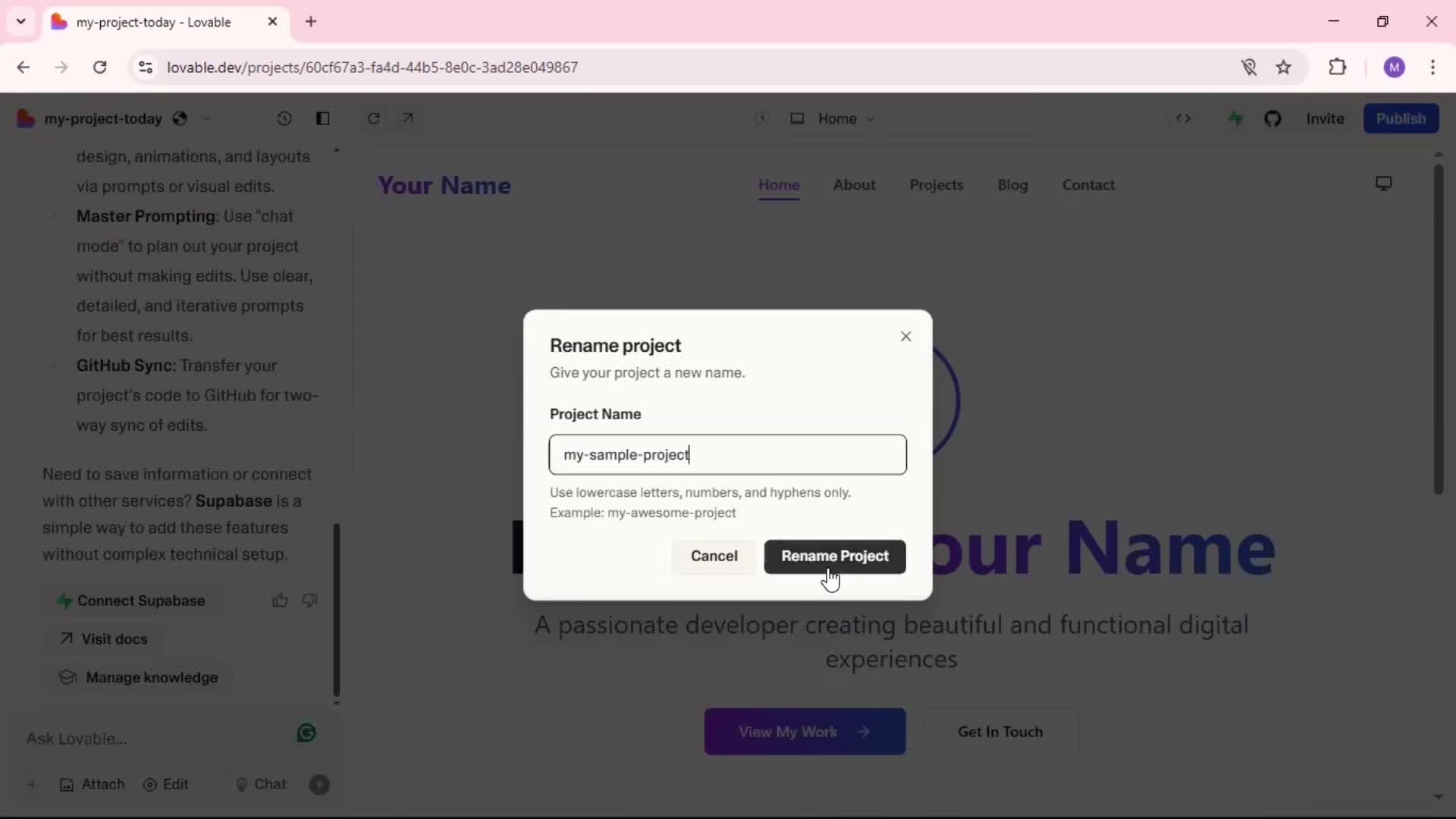 Renaming a project screenshot