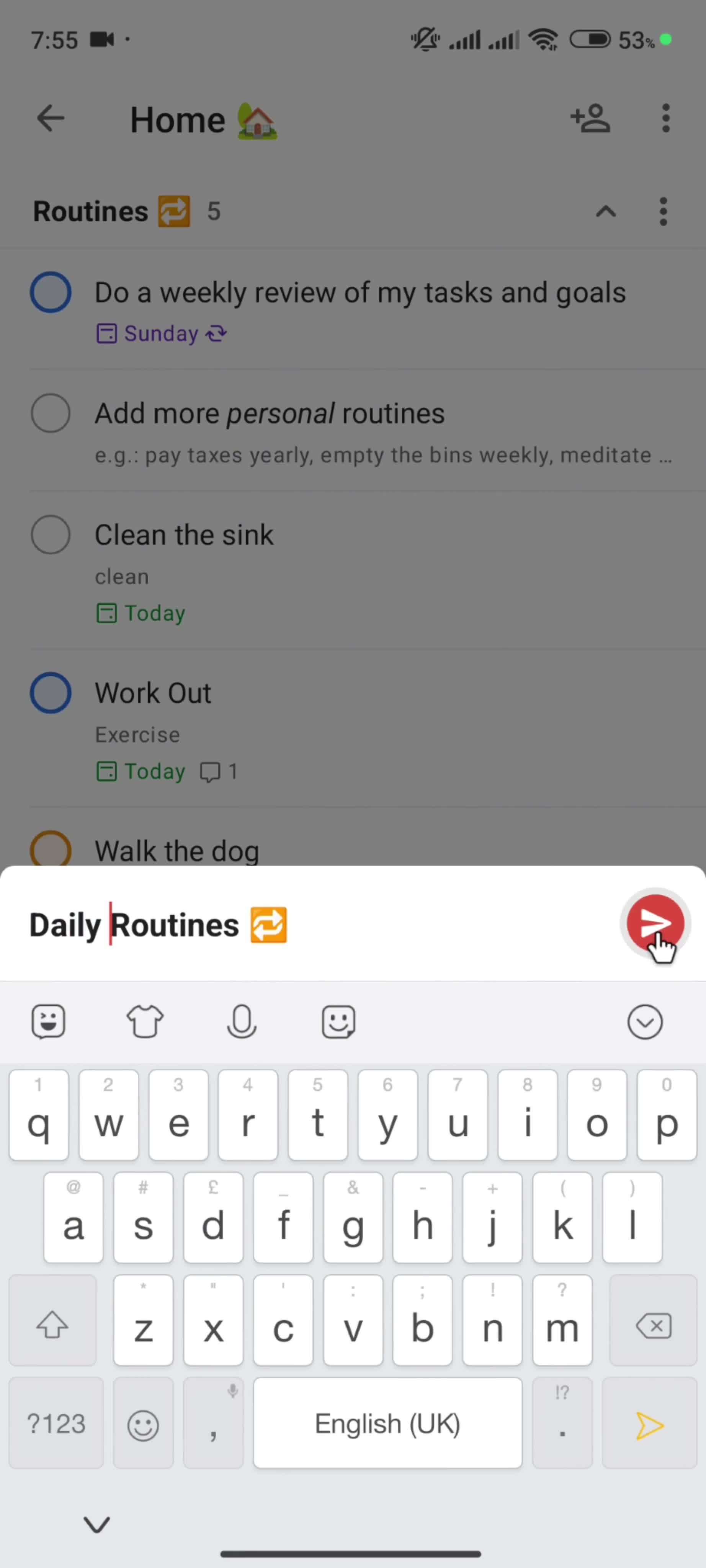 Renaming a section screenshot