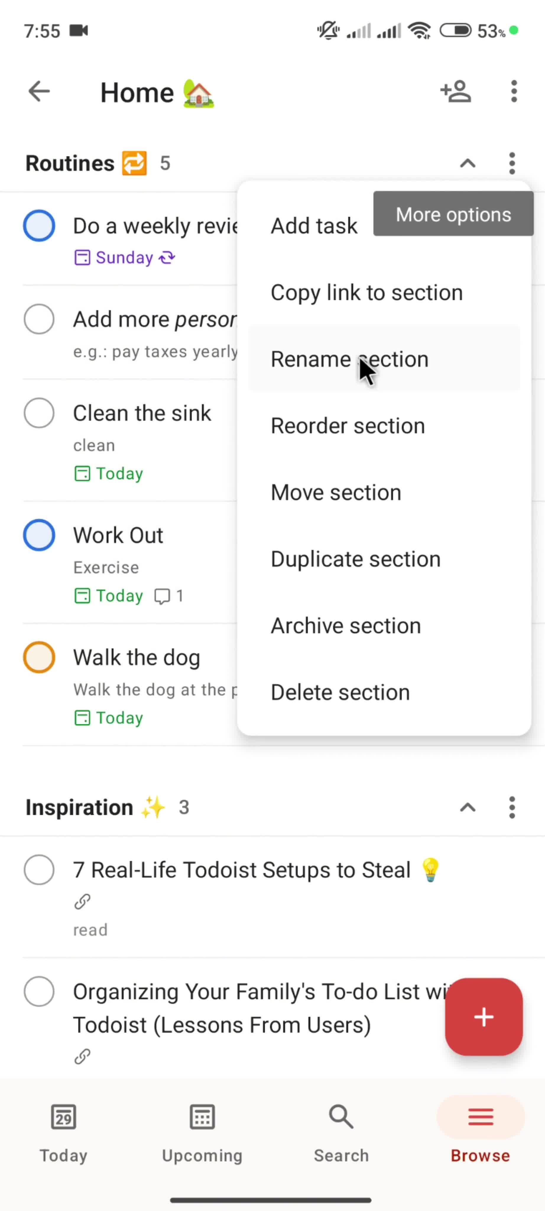 Renaming a section screenshot