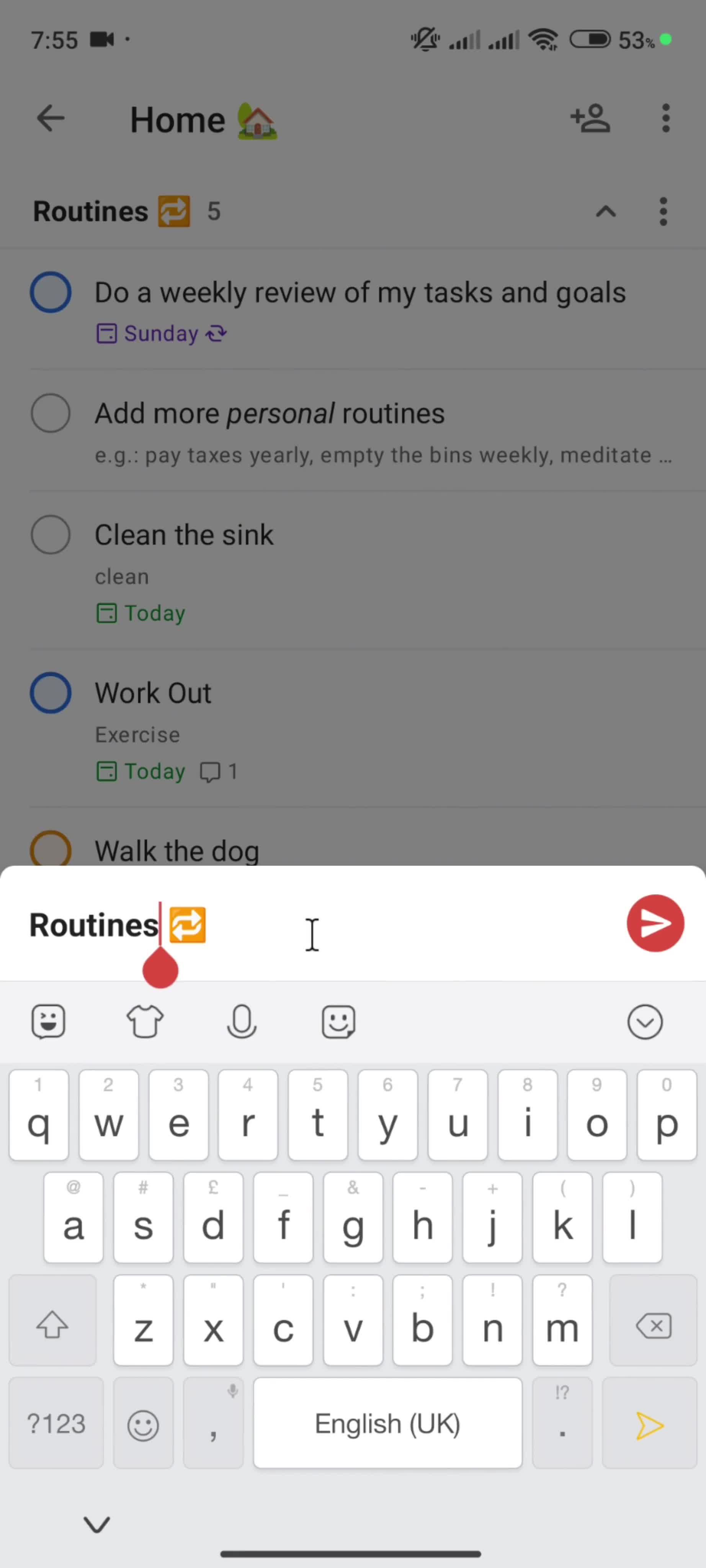 Renaming a section screenshot