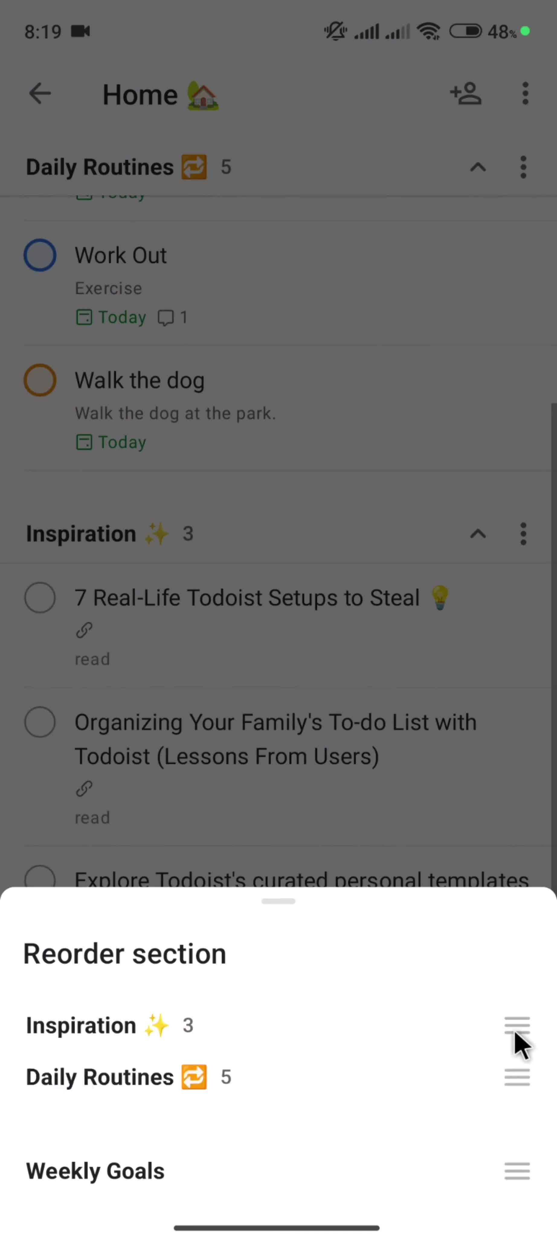 Reordering a section screenshot