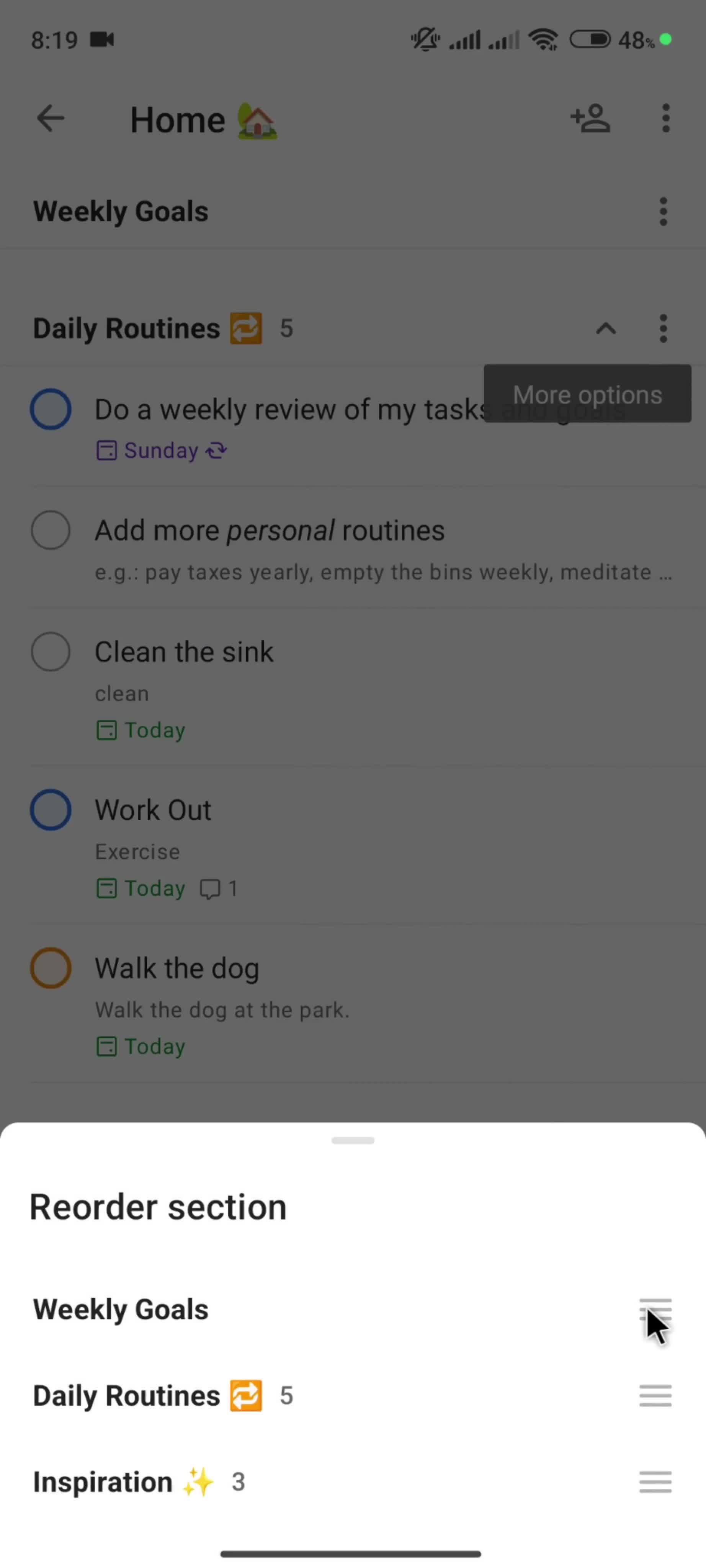 Reordering a section screenshot