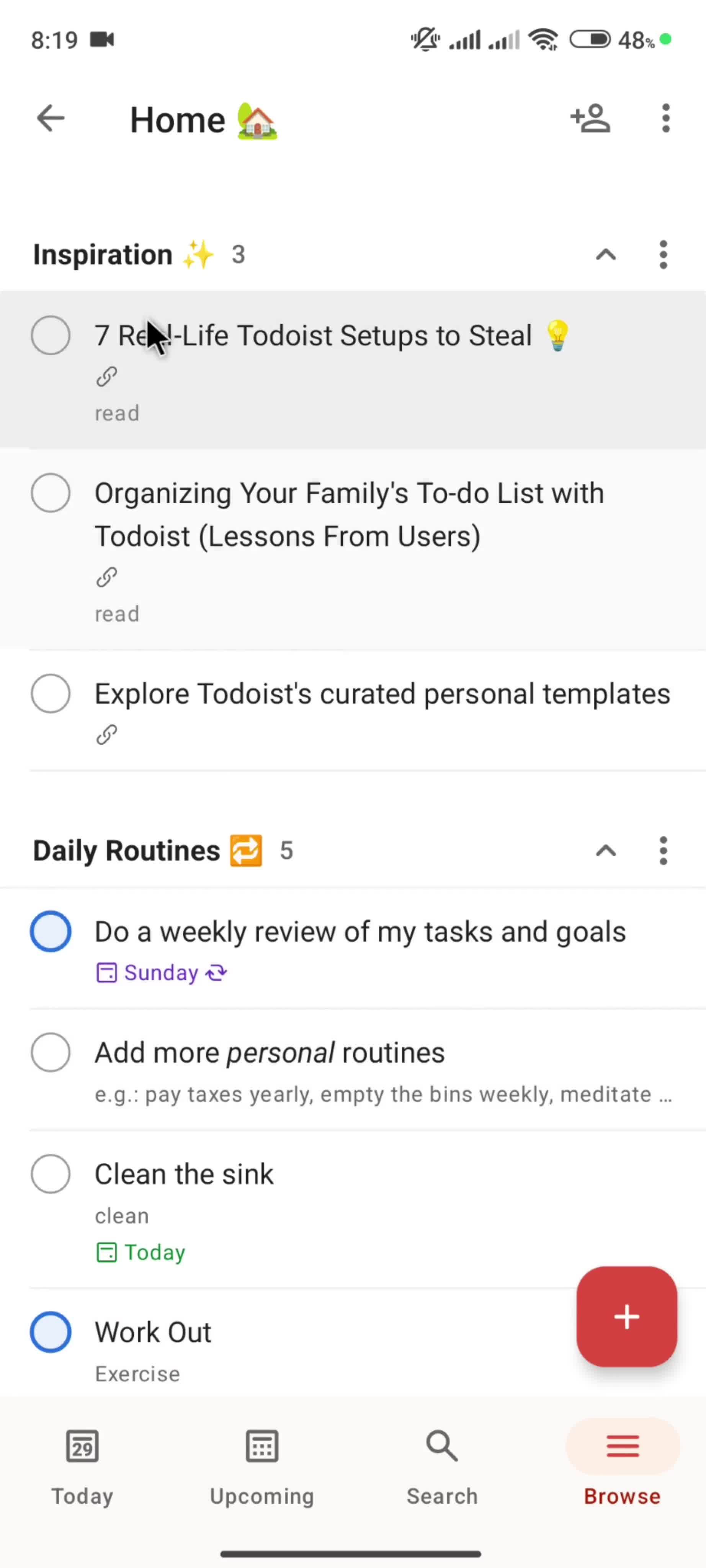 Reordering a section screenshot
