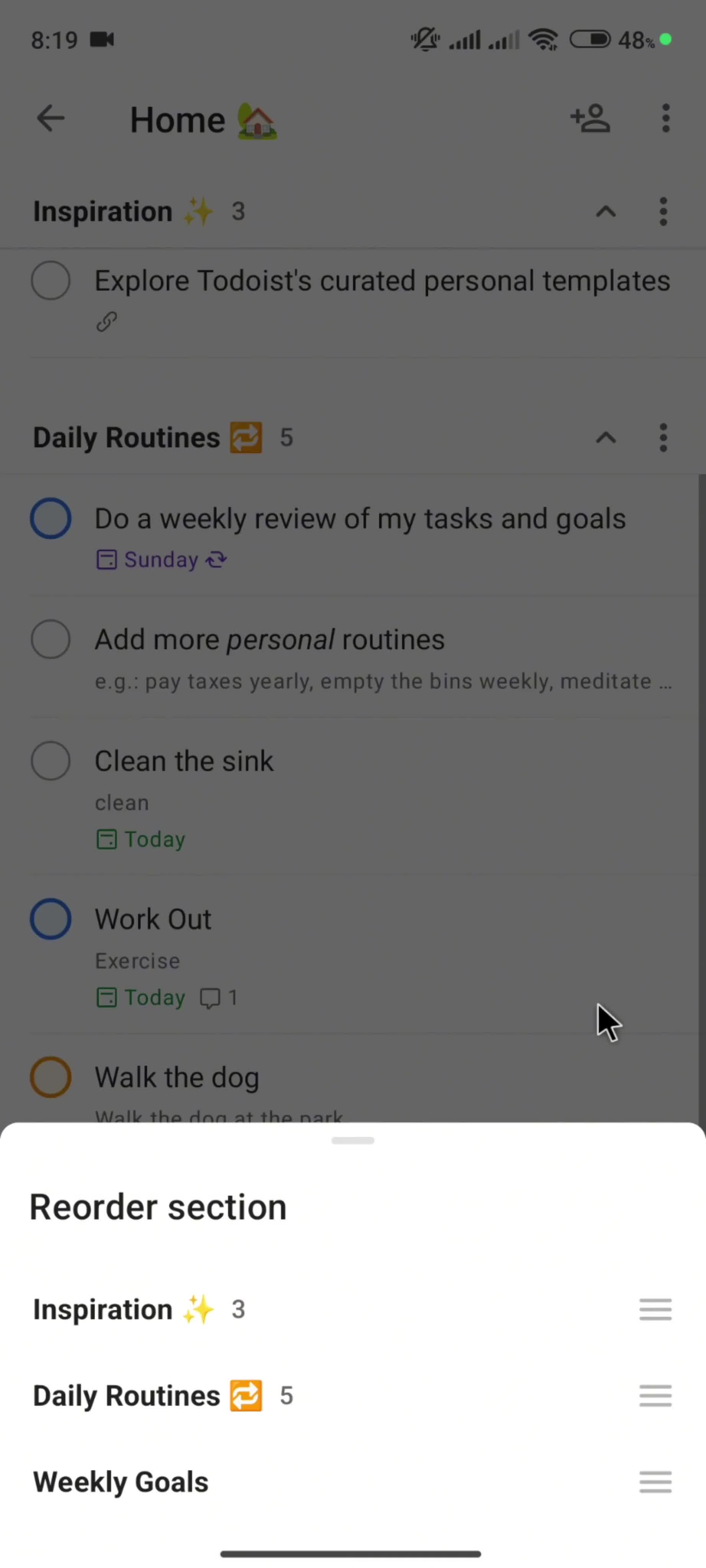 Reordering a section screenshot