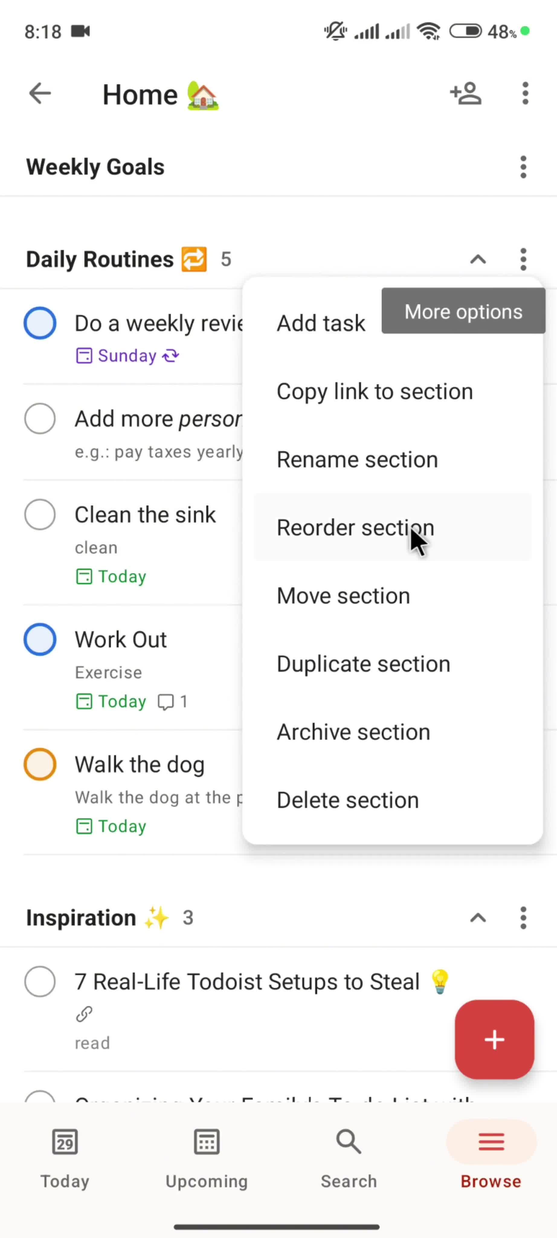 Reordering a section screenshot