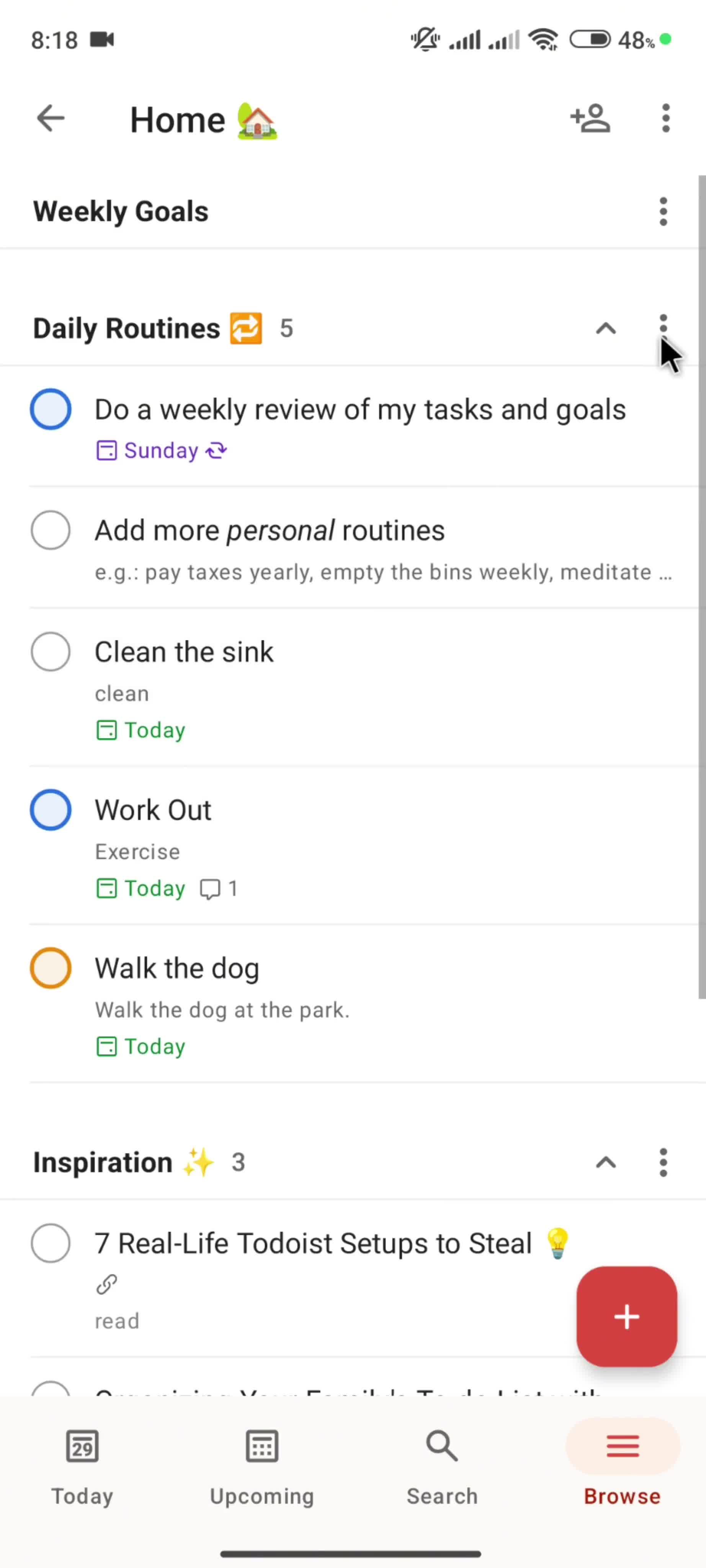 Reordering a section screenshot