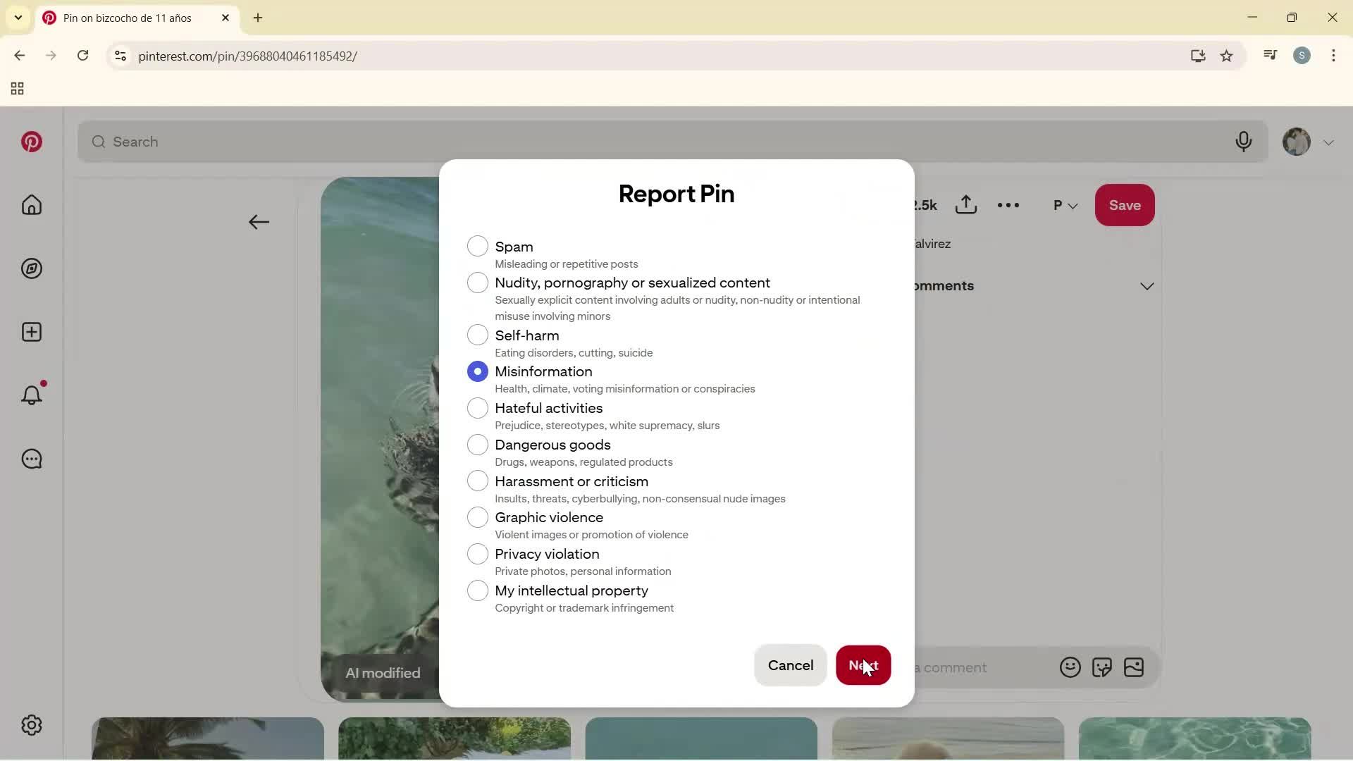Reporting a post screenshot