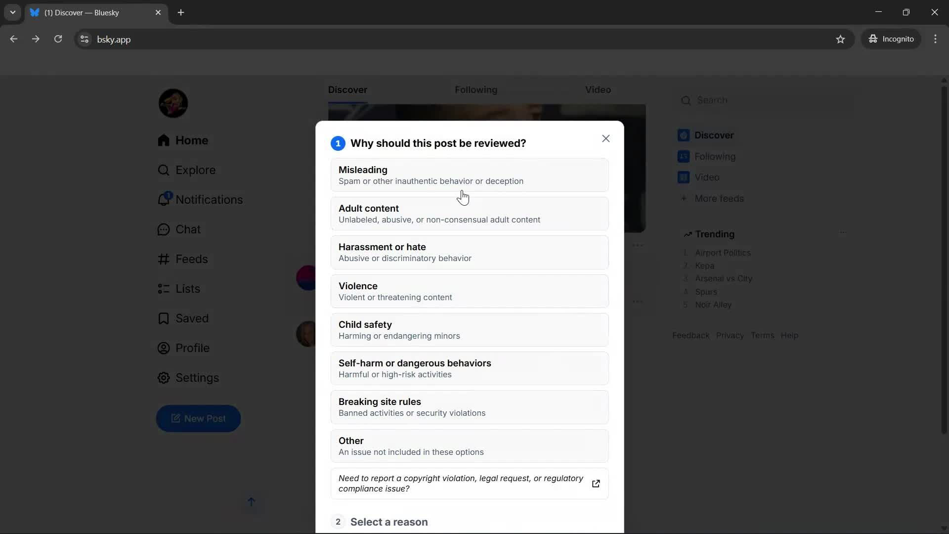 Reporting a post screenshot