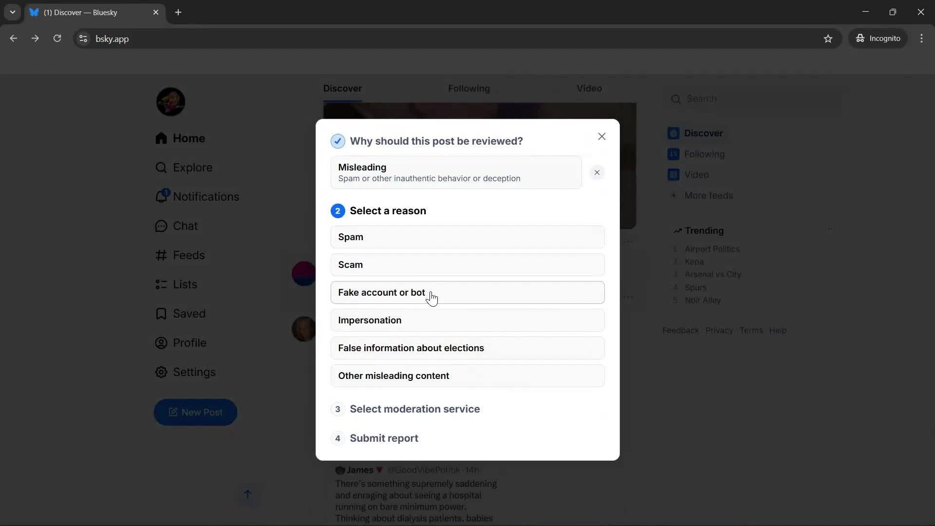Reporting a post screenshot