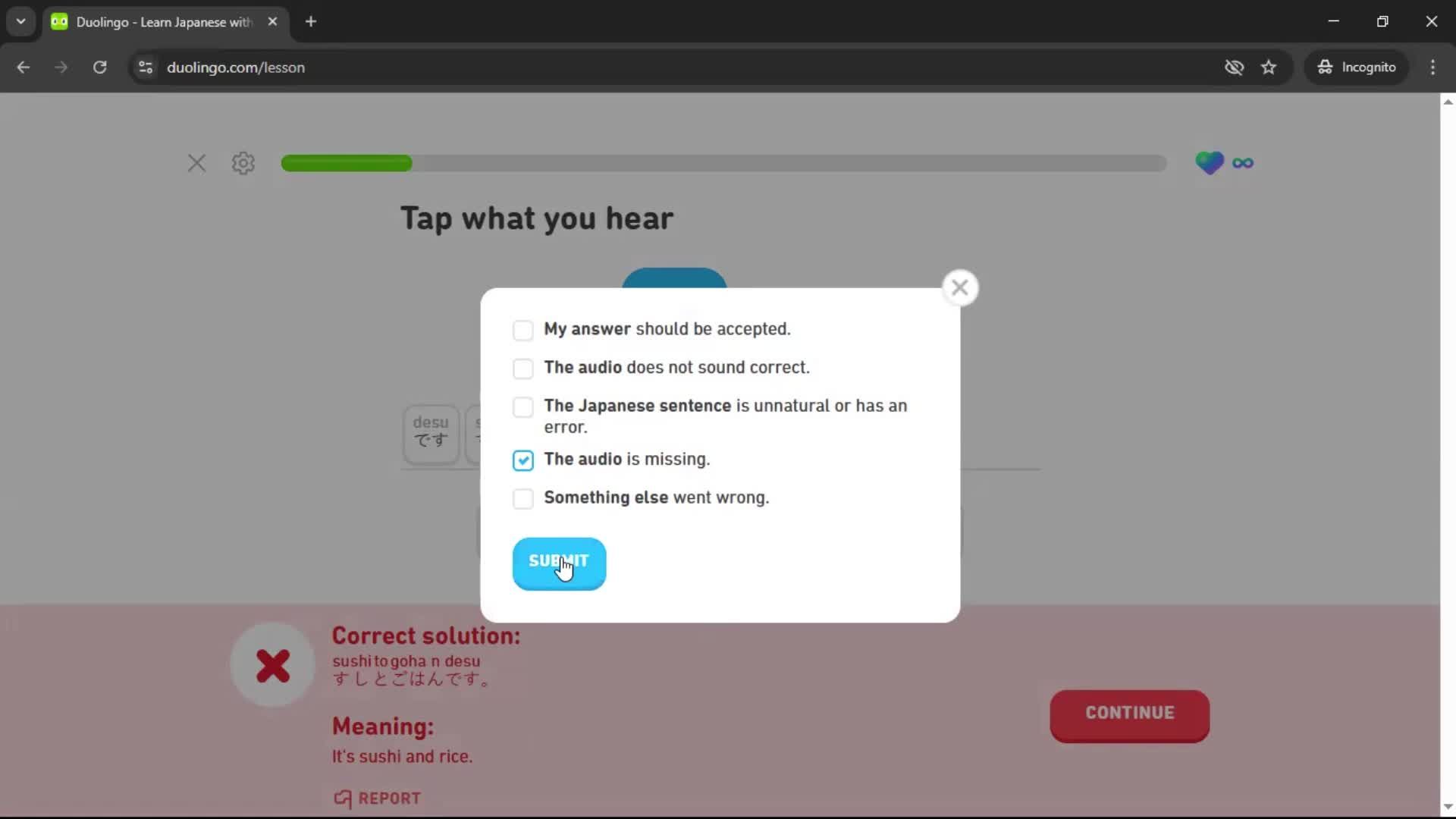 Reporting an issue screenshot