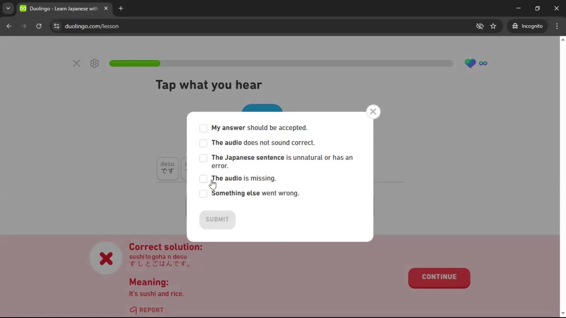 Reporting an issue screenshot