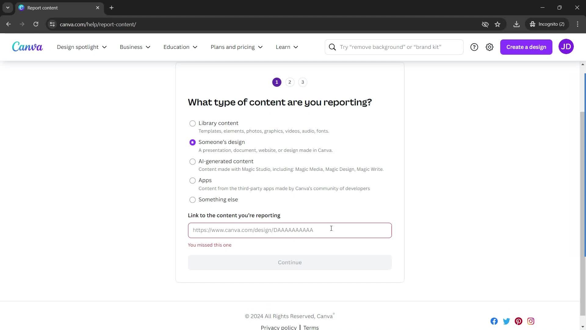 Reporting an issue screenshot