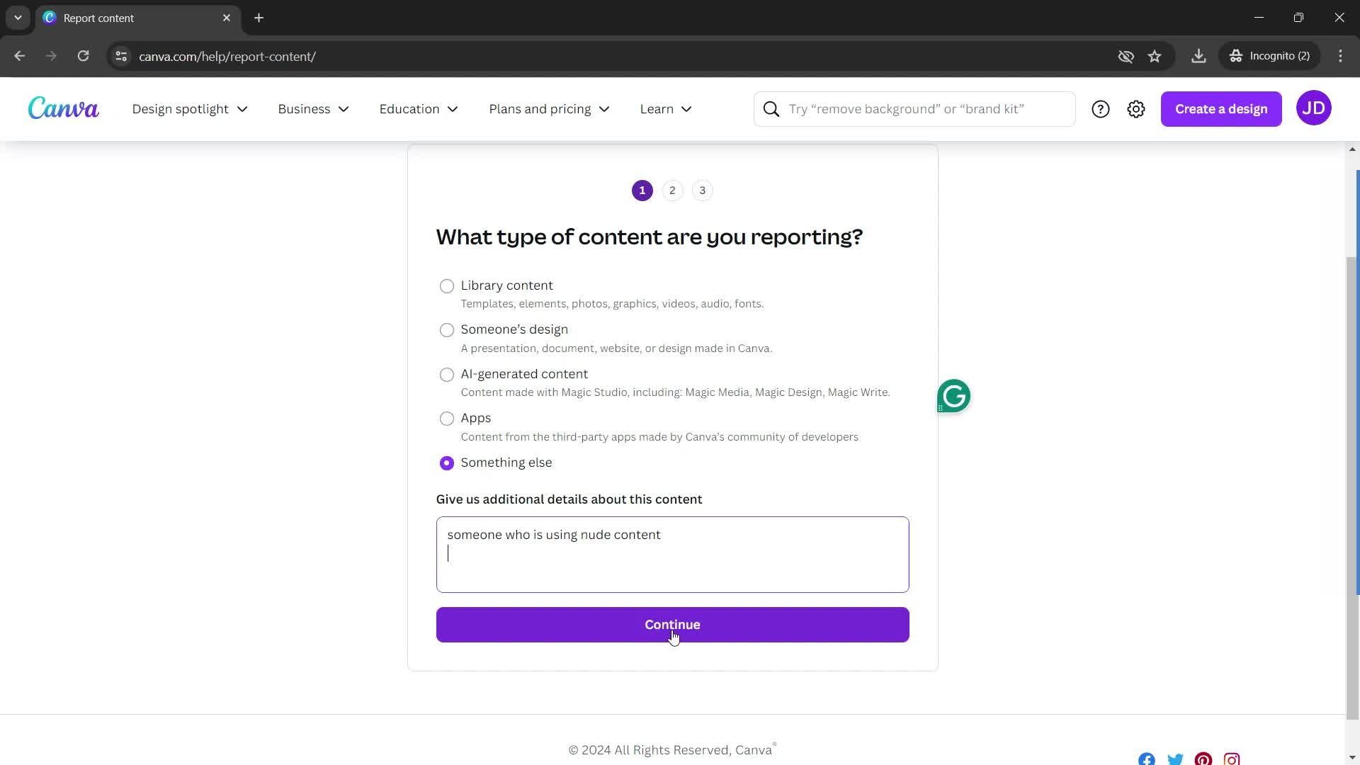 Reporting an issue screenshot