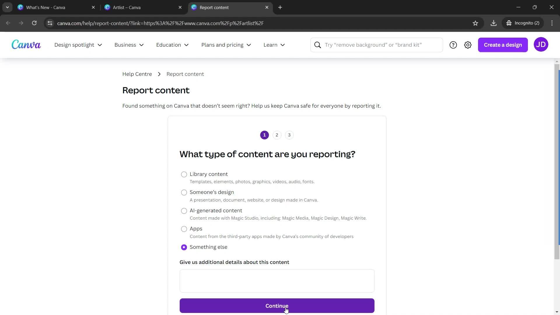 Reporting an issue screenshot