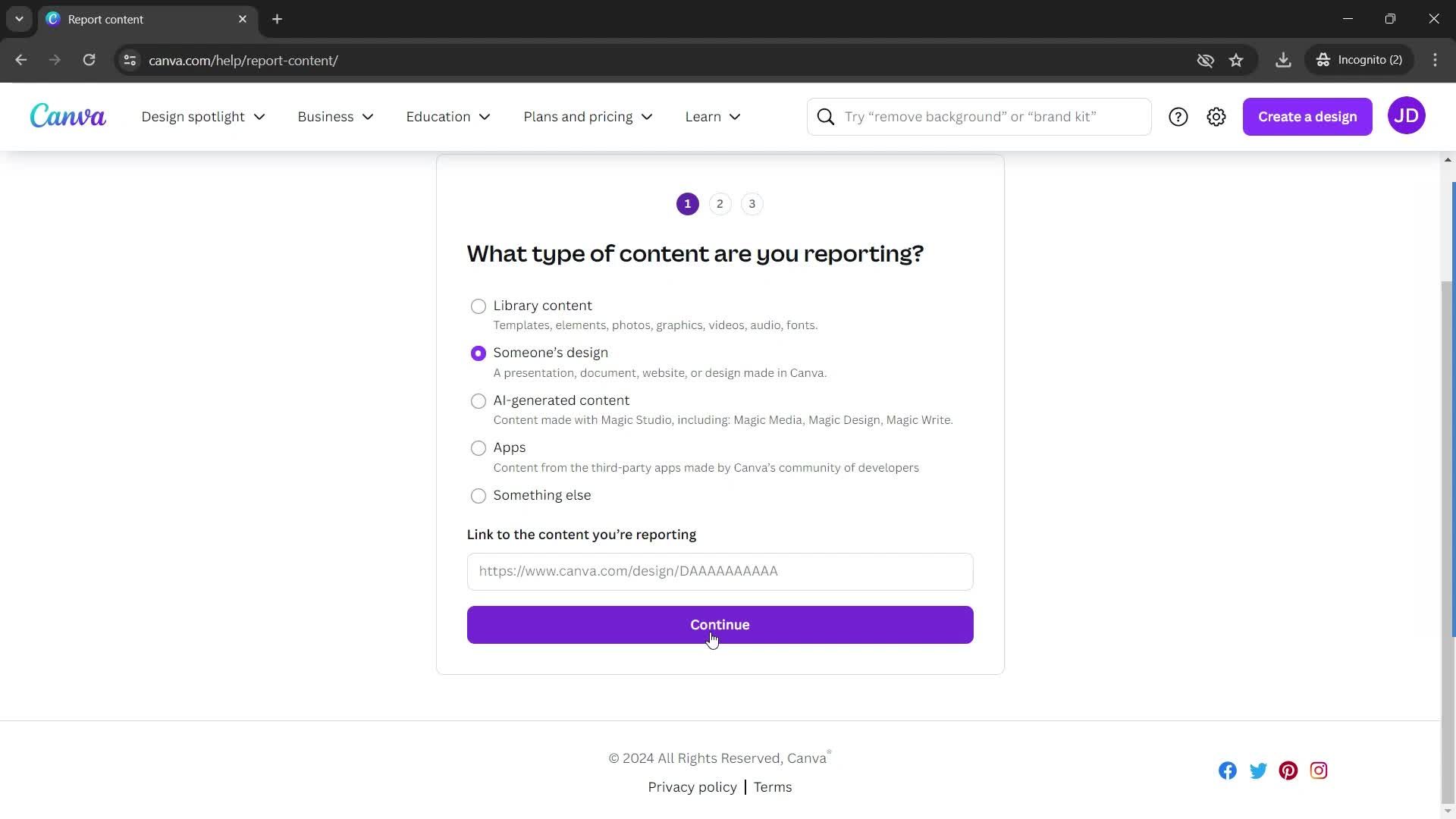 Reporting an issue screenshot