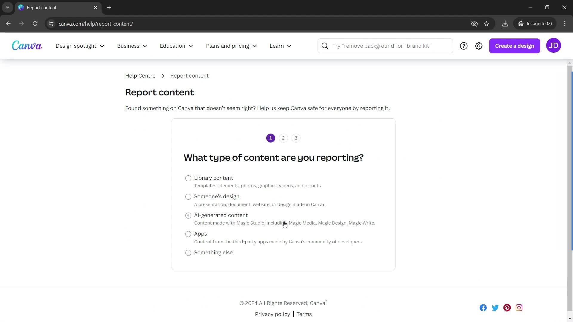 Reporting an issue screenshot