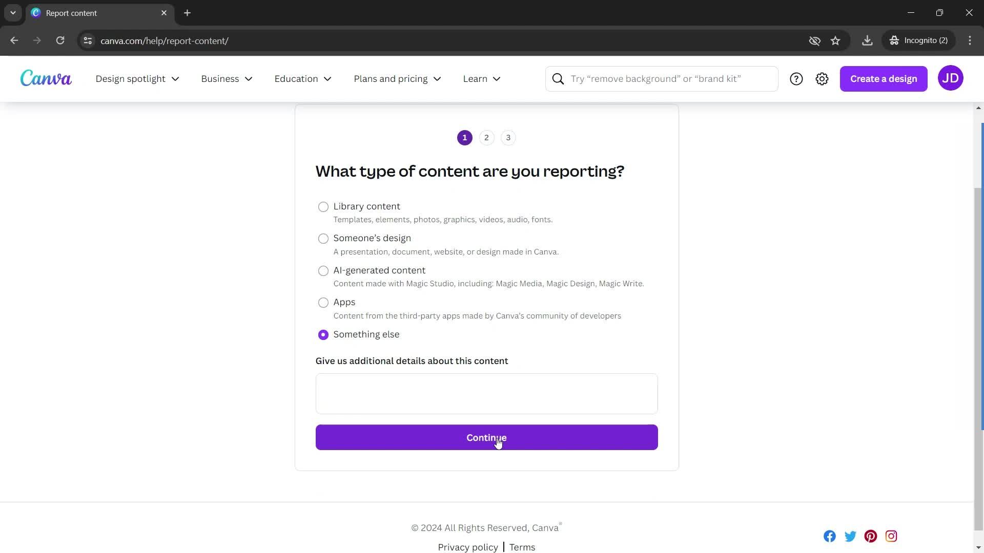 Reporting an issue screenshot