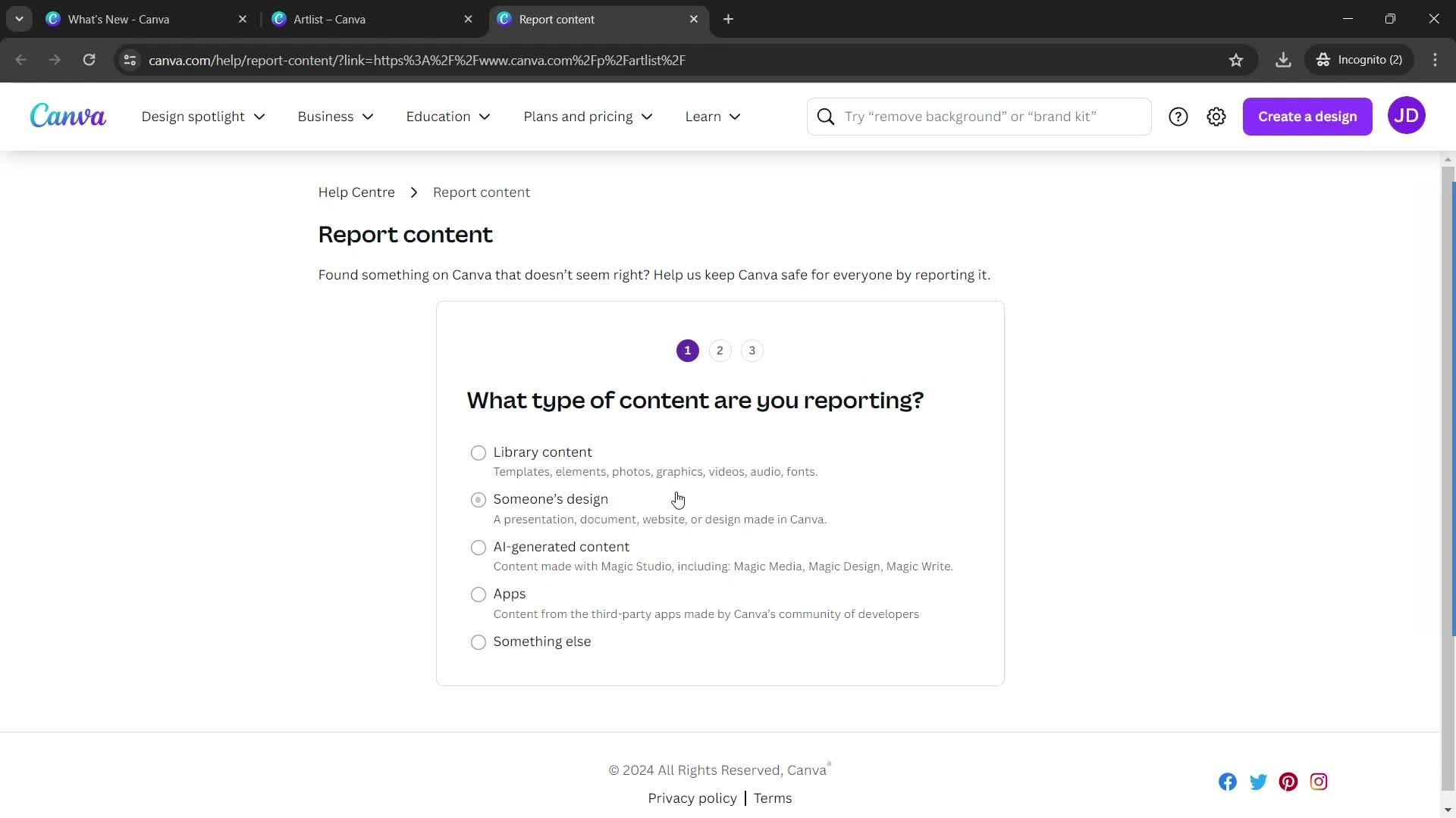 Reporting an issue screenshot