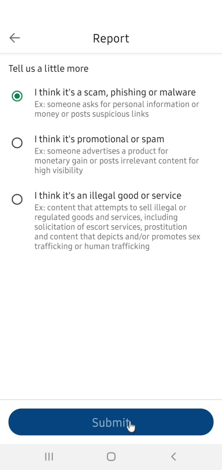 Reporting a post screenshot