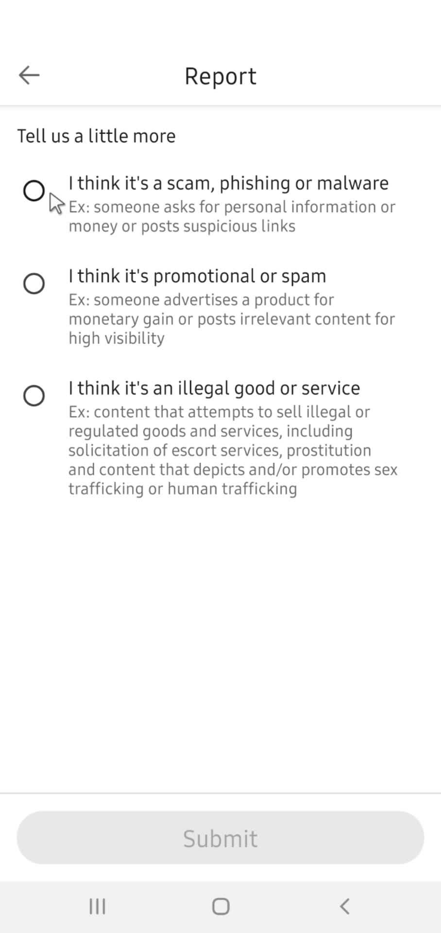 Reporting a post screenshot