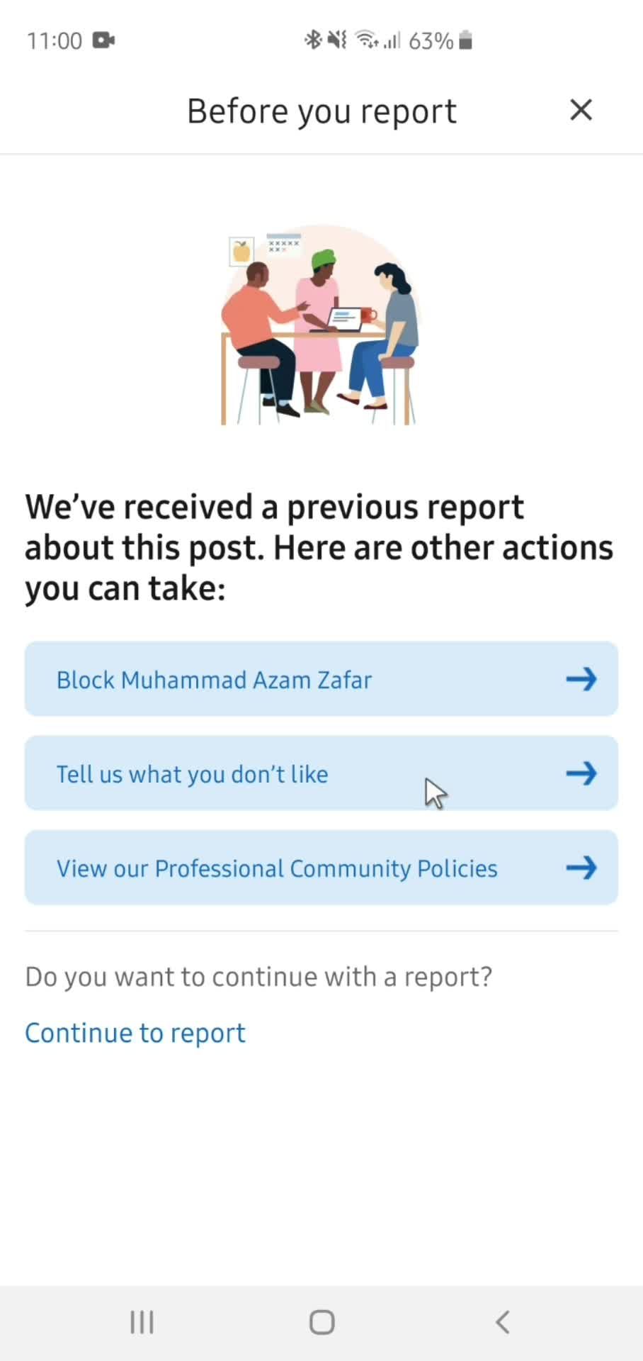 Reporting a post screenshot