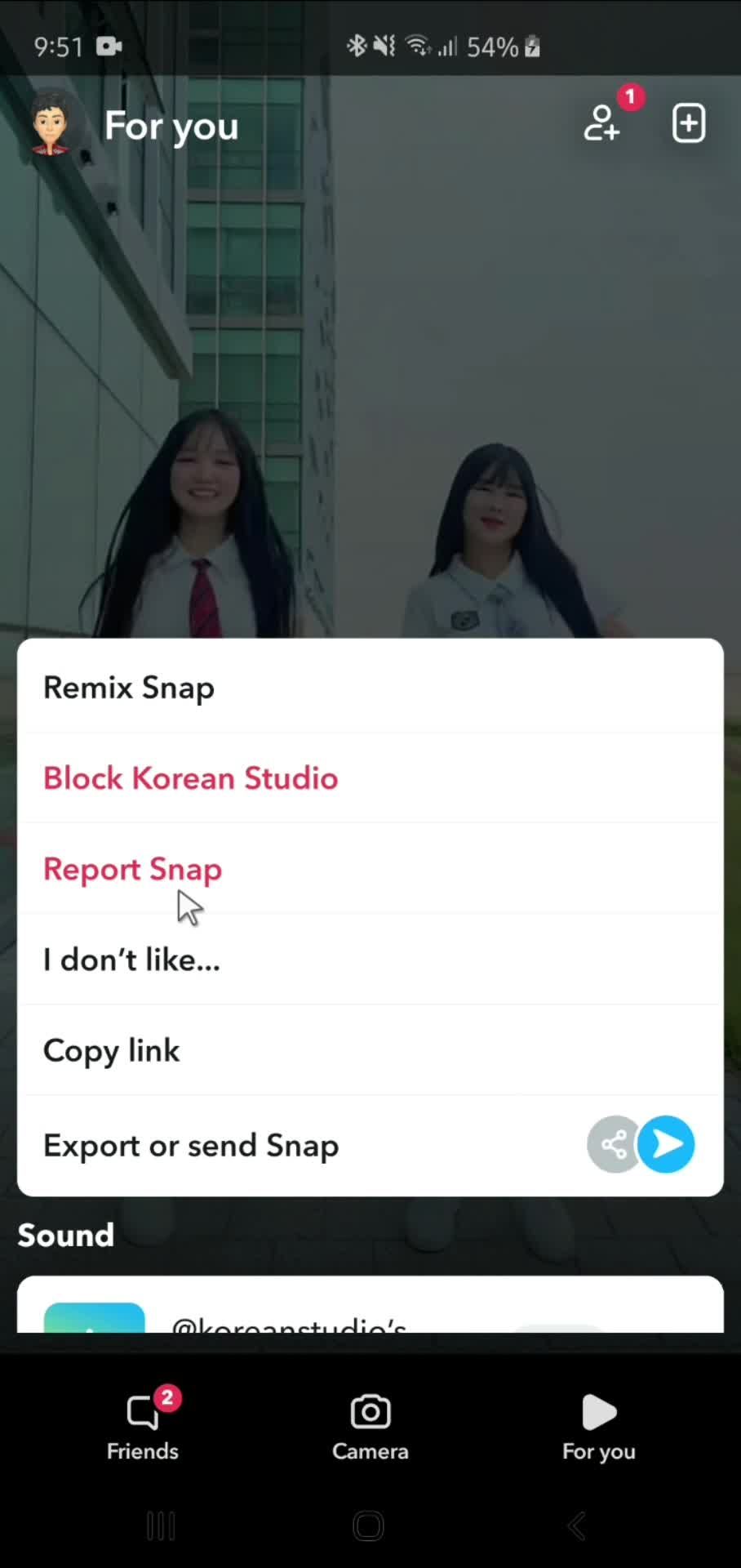 Reporting a snap on Snapchat video thumbnail