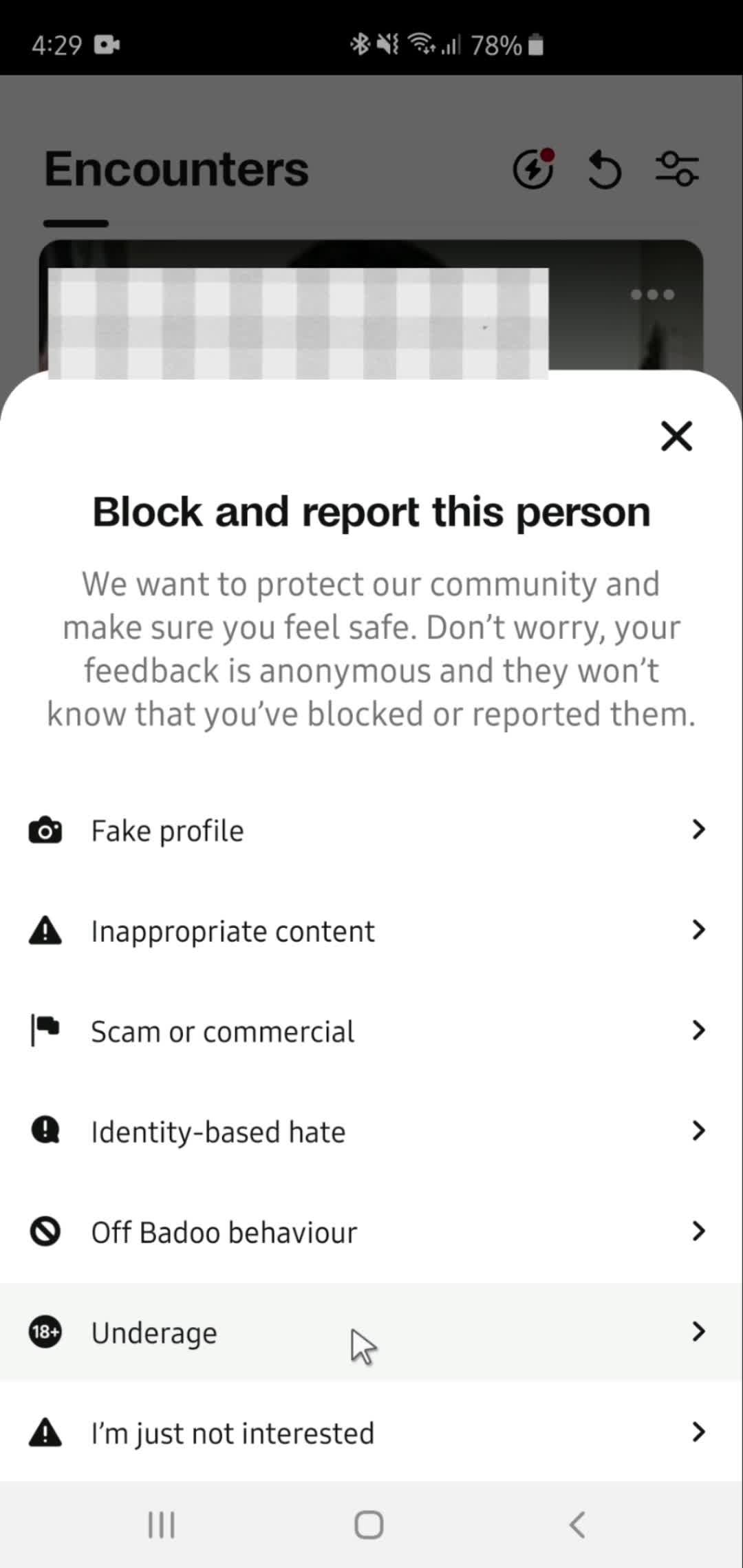 Reporting a user on Badoo video thumbnail