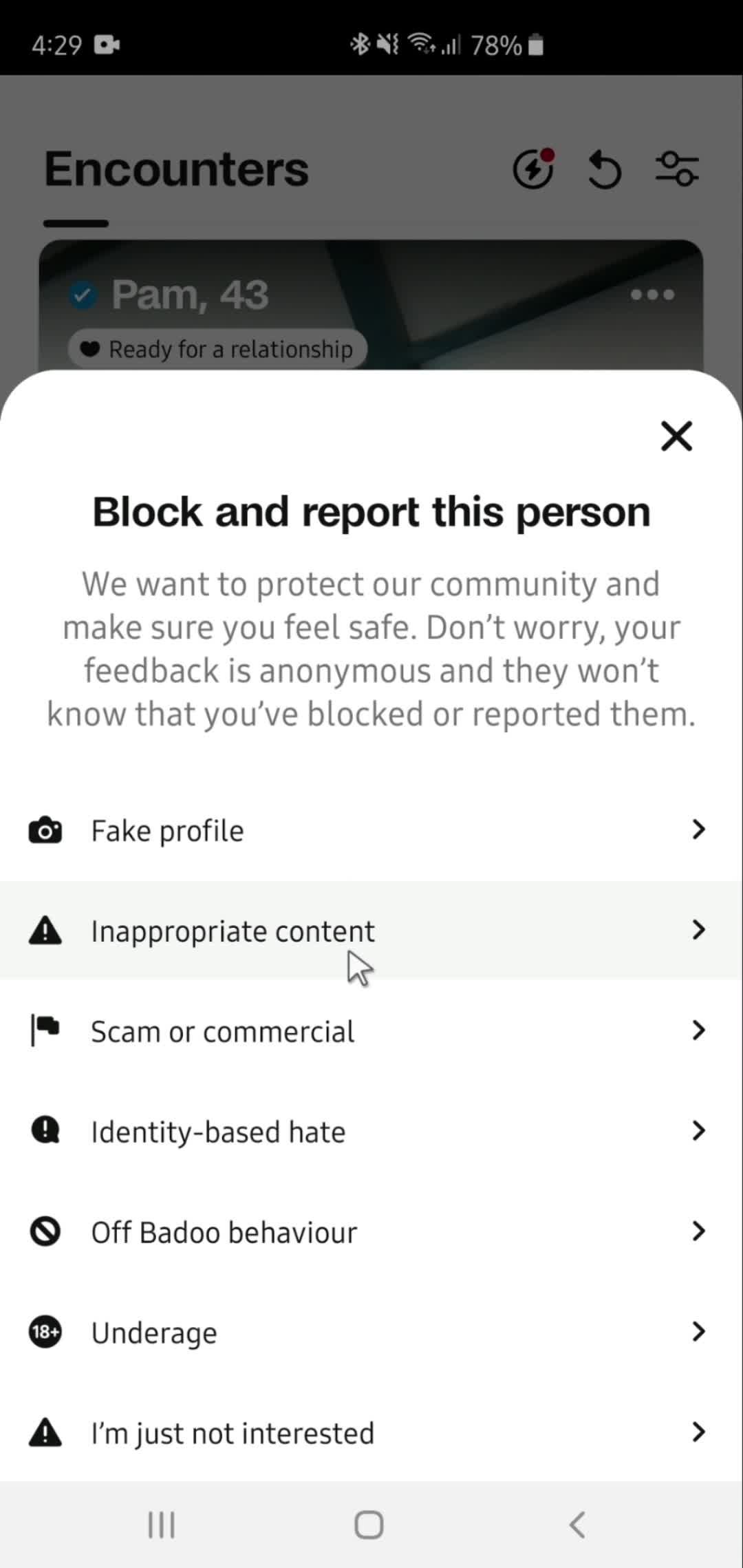 Reporting a user on Badoo video thumbnail