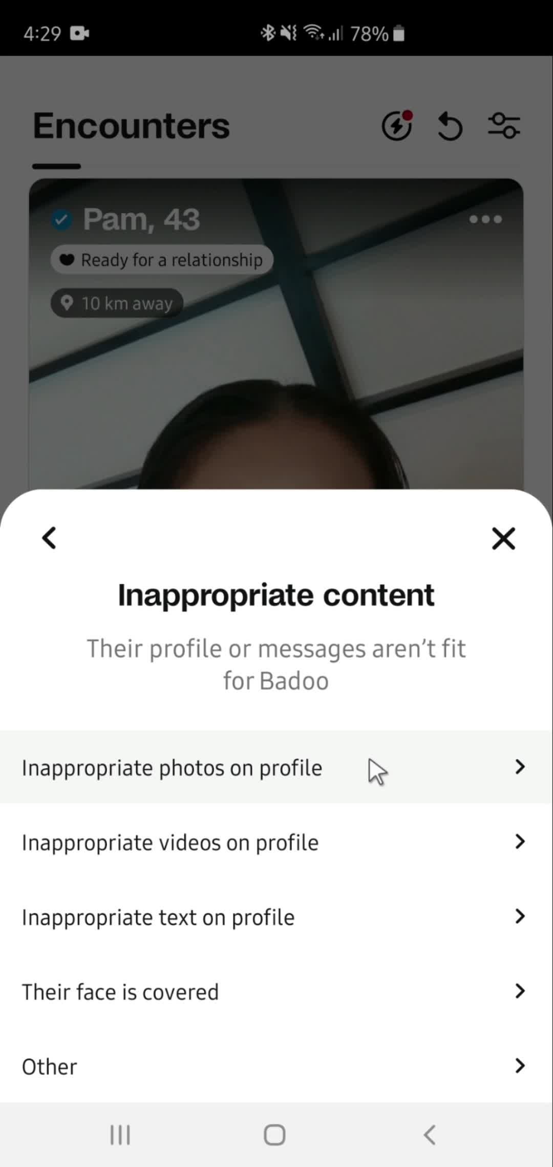 Reporting a user on Badoo video thumbnail